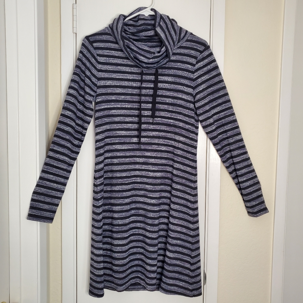 Market & Spruce Striped Grey and Black Granita Knit Dress Long Sleeve Cowel Neck